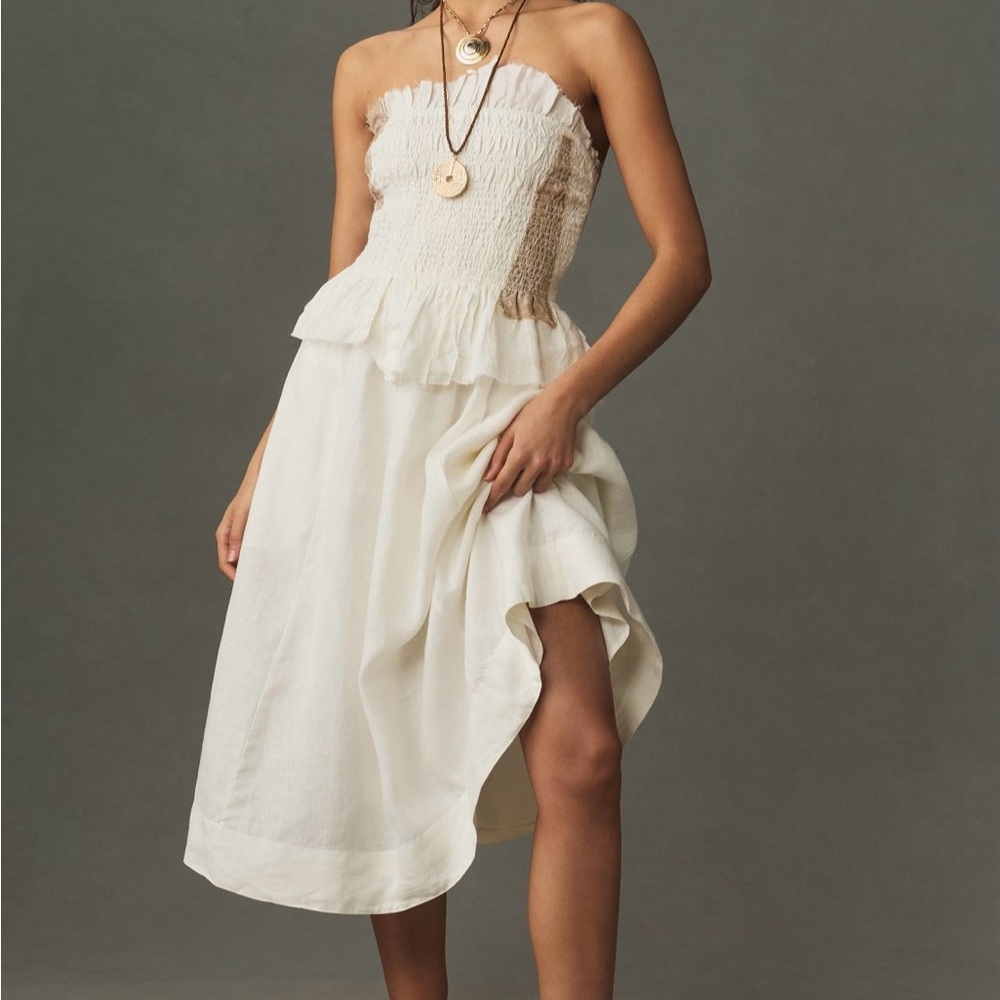Anthropologie Linen Patchwork Smocked Midi Dress